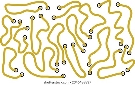 Decorative white background with abstract pattern of yellow golden string coming out of holes.