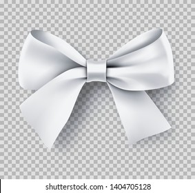 Decorative white bow with ribbon. Elegant silk accessory for female clothes. Sensual design element isolated on transparent background. Realistic luxury object from silk vector illustration.