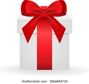 Decorative white box with a red large volume bow side view. vector illustration