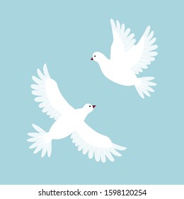 Decorative white doves. Pingeon birds. Flying in sky. Cute cartoon flat design. Vector illustration.