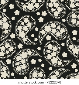 Decorative white elements and flowers on black background - seamless pattern