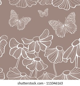 decorative white flowers and butterfly  on grey background seamless pattern