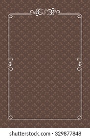 Decorative  white frame with swirls and leaves on the brown decorative background. Template for diplomas, book covers, certificates. A4 page format. Background pattern is included in the file.