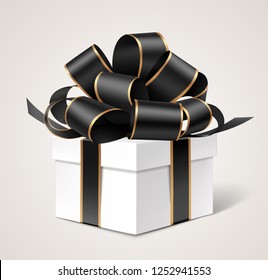 	
Decorative white gift box with black bow isolated on white for black friday sale design. Vector illustration