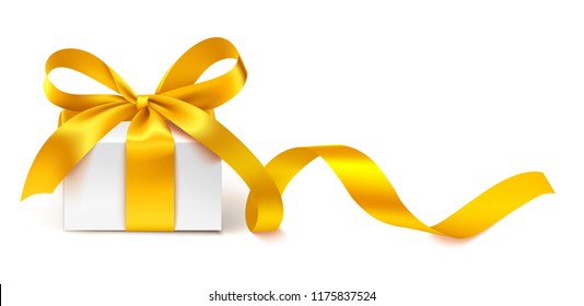 Caja de regalo blanca decorativa con arco dorado y cinta larga aislada en fondo blanco. Ilustración vectorial. Decoración de vacaciones para su diseño