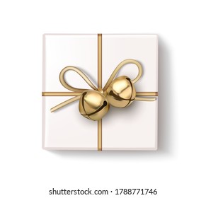 Decorative white gift box with golden bells isolated on gray. Christmas and new year holiday decoration. Vector stock illustration