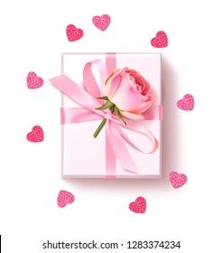 Decorative white gift box with pink rose and pink bow isolated on white. Vector illustration. Mother's Day decoration