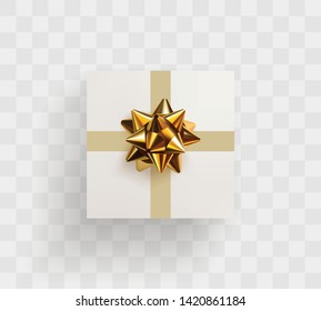 Decorative white gift box with a realistic golden bow on transparent background. Top view. Decoration for greeting cards, invitations, banners, announcements, discounts, gift wrapping, etc.