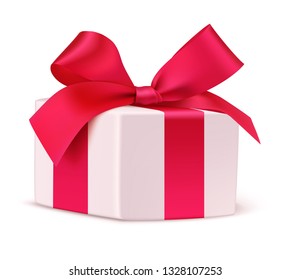 Decorative white gift box with red bow isolated  on white background. Vector illustration. Holiday decoration