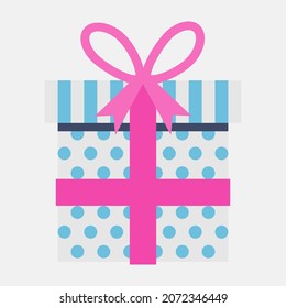 Decorative white gift box. Wrapping texture with blue stripes and dots. Pink bow and ribbon. Festive gift box packaging template. Front view. Close-up. Trendy flat design style. Symbol, logo idea.
