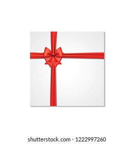 Decorative white gift boxes isolated on white background. Red bow, ribbon festive element for celebratory design, Christmas greeting cards.