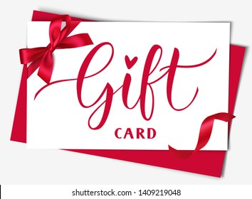 Plantilla decorativa de diseño de tarjetas de regalo blancas con arco rojo y cinta aislada en gris. Ilustración del vector