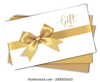 Decorative white gift card design template with gold bow and ribbon. Vector illustration	