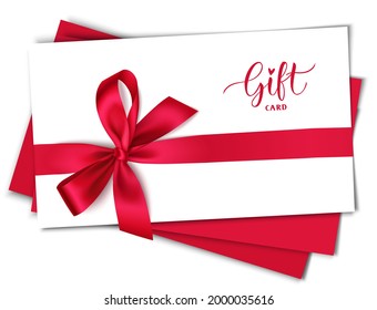 Decorative white gift card design template with red bow and ribbon. Vector illustration	