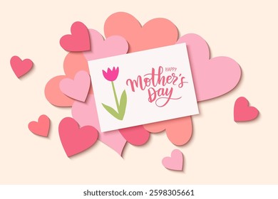 Decorative white gift card design template with red tulip and Happy Mother's Day text on yellow background with red and pink hearts shape. Happy Mother's Day design templates. Vector illustration.