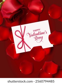 Decorative white gift card with red bow and rope with red rose petal. Love background. Happy Valentines' day text. Vector stock illustration.