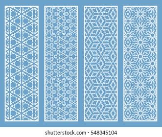 Decorative white lace borders patterns. Tribal ethnic arabic, indian, turkish ornament, bookmarks templates set. Isolated design elements. Stylized geometric floral border, fashion collection