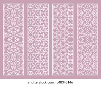 Decorative white lace borders patterns. Tribal ethnic arabic, indian, turkish ornament, bookmarks templates set. Isolated design elements. Stylized geometric floral border, fashion collection