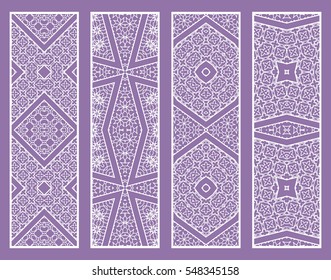 Decorative white lace borders patterns. Tribal ethnic arabic, indian, turkish ornament, bookmarks templates set. Isolated design elements. Stylized geometric floral border, fashion collection
