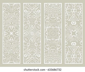 Decorative white lace borders patterns. Tribal ethnic arabic, indian, turkish ornament, bookmarks templates set. Isolated design elements. Stylized geometric floral border, fashion collection