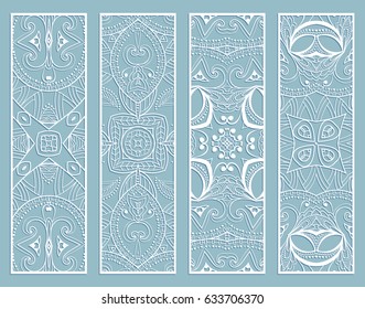 Decorative white lace borders patterns. Tribal ethnic arabic, indian, turkish ornament, bookmarks templates set. Isolated design elements. Stylized geometric floral border, fashion collection