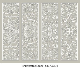 Decorative white lace borders patterns. Tribal ethnic arabic, indian, turkish ornament, bookmarks templates set. Isolated design elements. Stylized geometric floral border, fashion collection