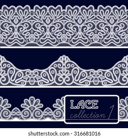 Decorative white lace pattern set isolated on blue background vector illustration