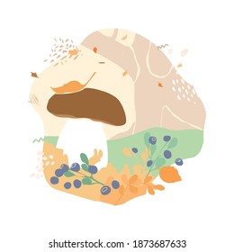Der dekorative weiße Pilz mit Blättern steht unter Heidelbeeren auf dem Hintergrund des Herbstwaldes. Bannerkonzept des Wanderns in der Tierwelt. Frohe Herbstsaison. Cartoon-Flavektor-Vektorgrafik