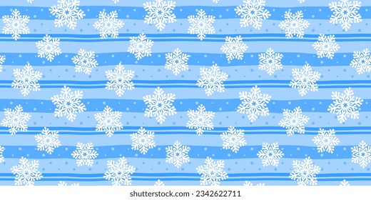 Los copos de nieve de color blanco y decorativos se iluminan con rayas azules y puntos. La textura inacabable de Navidad y Año Nuevo. Patrón de vectores sin fisuras para el diseño de invierno festivo, banner, embalaje, cubierta, impresión