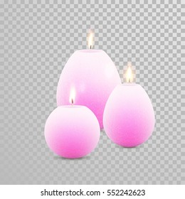 Decorative white pearl color candles set. Vector 3D realistic isolated aroma candle with burning flames on transparent background. Wedding decoration white or beige element design