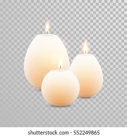 Decorative white pearl color candles set. Vector 3D realistic isolated round candle sticks with burning flames on transparent background. Wedding decoration white or beige element design