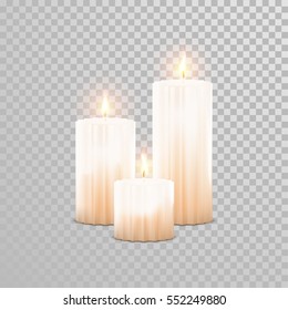 Decorative white pearl color candles set. Vector 3D realistic isolated round candle sticks with burning flames on transparent background. Wedding decoration white or beige element design