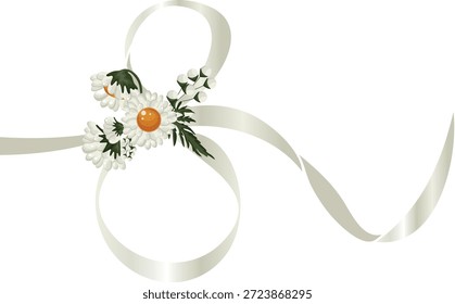 Cinta decorativa blanca con un gradiente blanco que se pliega en una figura ocho con margaritas blancas en el medio, para el diseño de postales, Anuncios, carteles