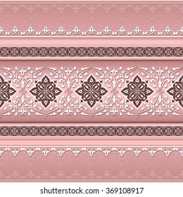 Decorative white seamless  border on pink.  Ornate element for design. Ornamental lace pattern for invitations and greeting cards. Traditional floral decor.