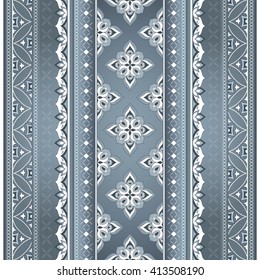 Decorative white seamless border on a gray.  Element for design. Ornamental backdrop. Pattern fill. Ornate floral decor for wallpaper. Traditional decor.