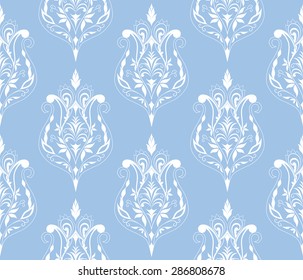 Decorative white seamless texture. Element for design. Ornamental backdrop. Pattern fill. Ornate floral decor for wallpaper. Traditional decor on blue background. 