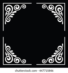 Decorative white square frame with vintage floral elements on a black background. vector illustration