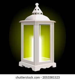 Decorative white vintage lantern. Lantern for banners, flyers, posters, cards. Lantern with light inside. Halloween. Vector illustration on black background.