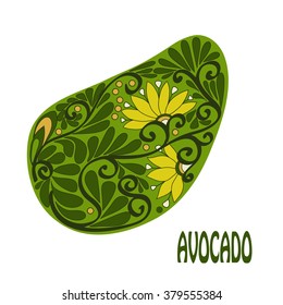 Decorative whole avocado isolated on white background. Vector illustration.