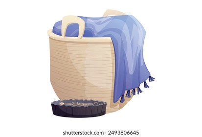 Decorative wicker white basket with a blue blanket or towel inside, a stand for jewelry. Vector isolated cartoon illustration.