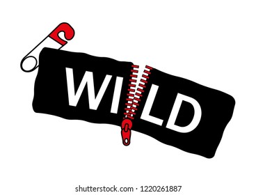 Decorative "WILD" text with red zipper vector, fashion print design