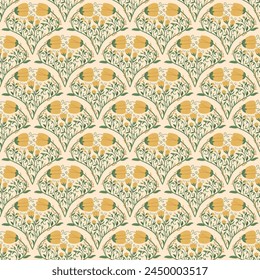 Decorative wildflowers art nouveau style seamless pattern. Floral retro endless background. Flower and foliage vintage loop tiled medallion ornament. Vector flat hand drawn illustration.