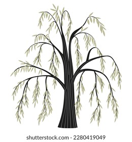 Decorative willow tree in Asian style, design element, wallpaper, postcard, packaging, wrapping paper, textile, fabric, greeting cards