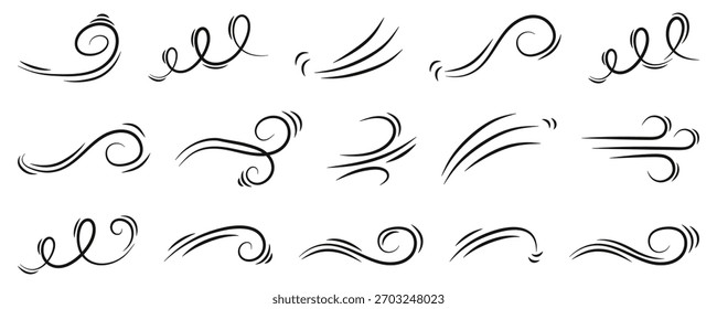 Decorative wind lines with elegant swirling curves and flowing movement. Each element shows soft dynamic strokes that create a graceful airy mood