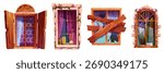 Decorative window shutter designs with wooden blinds, stone frames and broken planks for building facades or game assets. Arched openings with curtains and glass panes. Architectural exterior elements