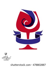Decorative winery emblem Ã¢?? stylized goblet with wavy ribbon. Elegant artistic wineglass illustration, graphic design elements.