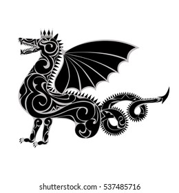 Decorative winged dragon in the royal crown logo design concept isolated on a white background.