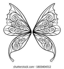 Decorative wings of a fantasy butterfly and a fairy. Black linear drawing isolated on white. Vector illustration