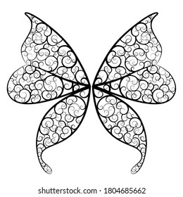 Decorative wings of a fantasy butterfly and a fairy. Black linear drawing isolated on white. Vector illustration