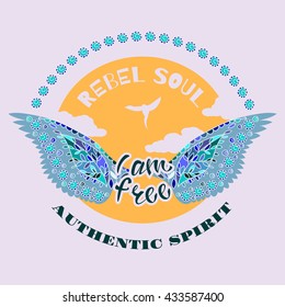 Decorative wings with hand drawn patterned ornament.Graphic Design with unique typography - for t-shirt, fashion, prints or banner